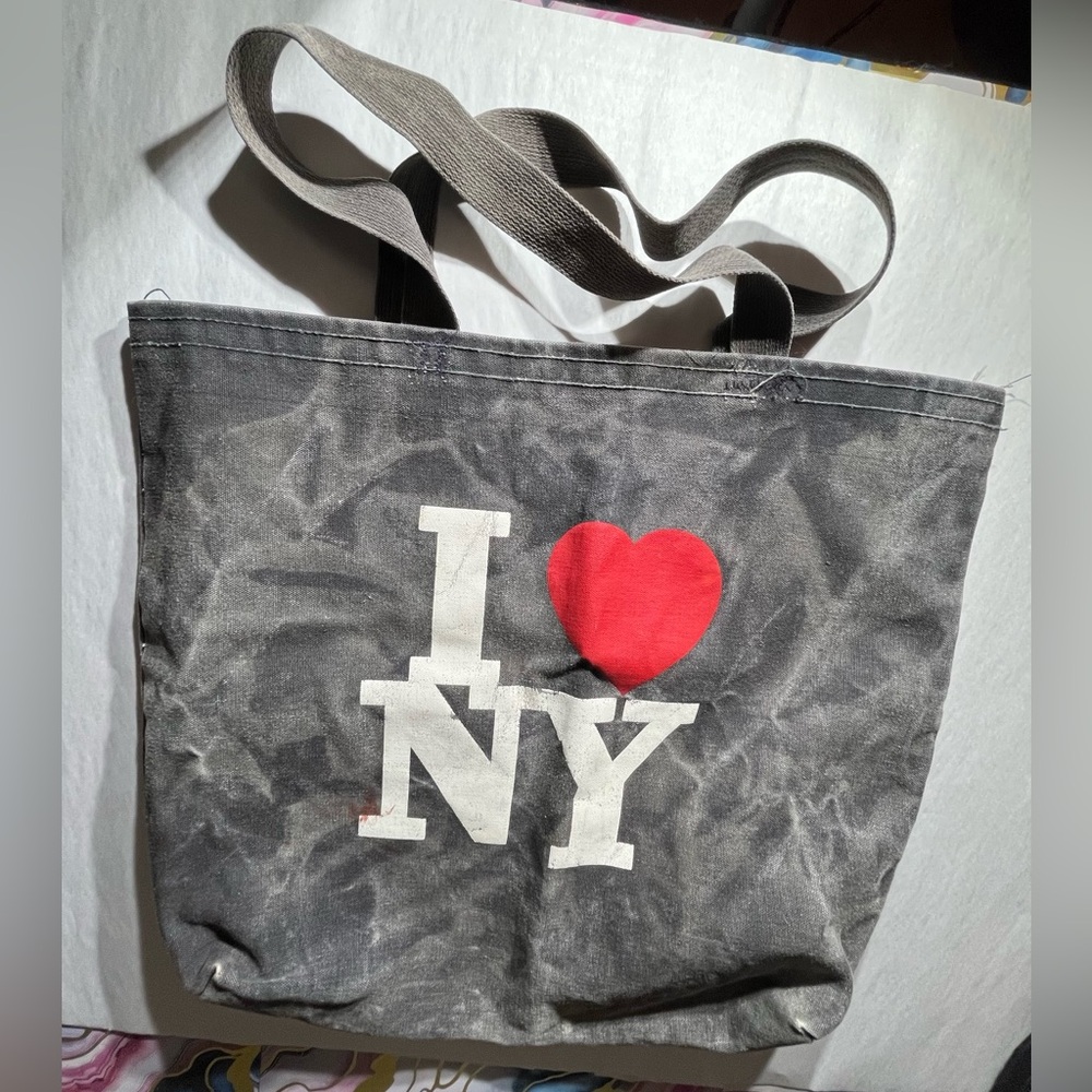 I Love NY gray red Tote distressed diy travel boho grunge Bag canvas denim OS